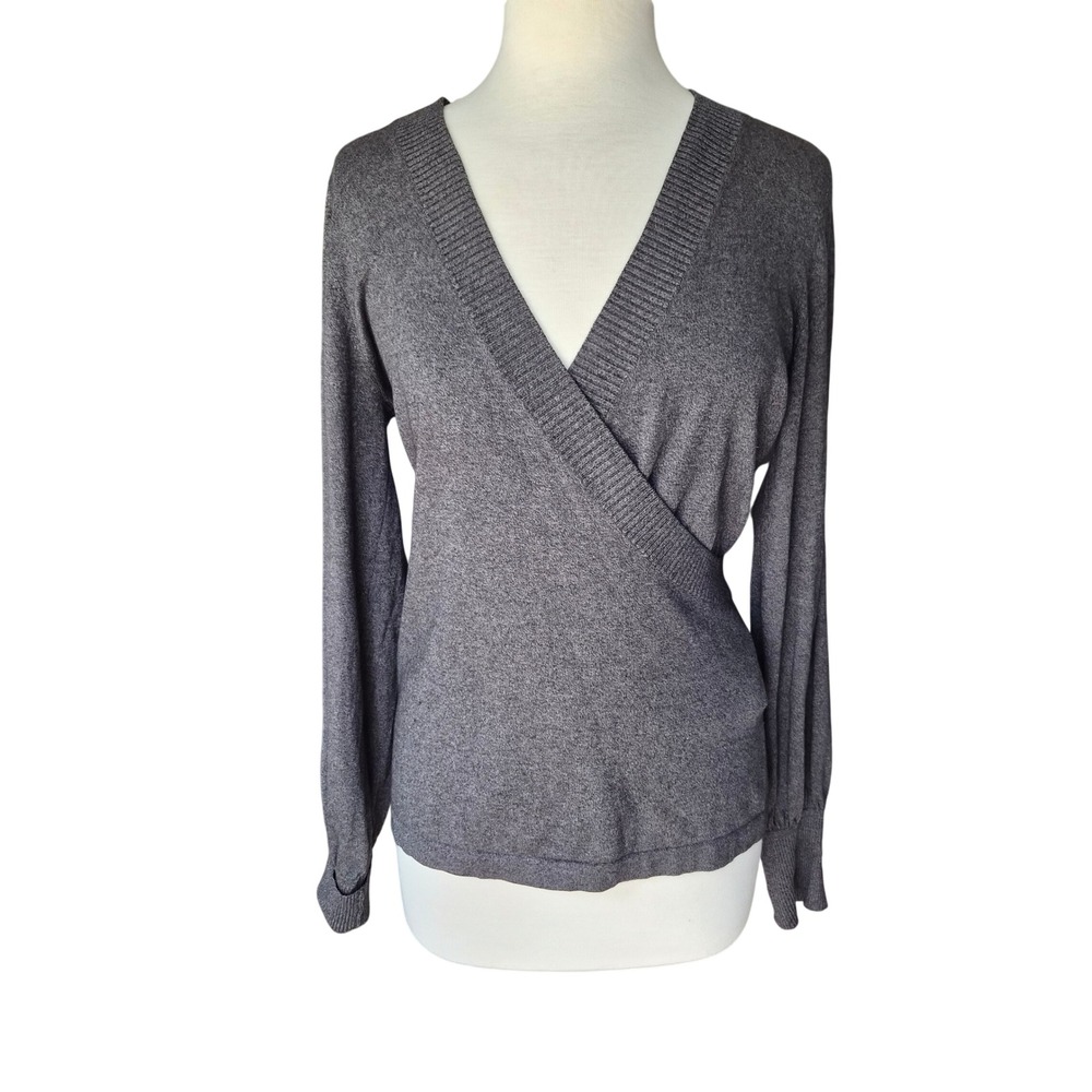 Womens Heathered Charcoal Gray Ribbed V-Neck Faux Wrap Sweater Long Sleeve Top M